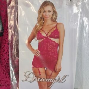 NWT Dreamgirl Raspberry Red Sexy See Through Lace Chemise Gartered Lingerie Sz L